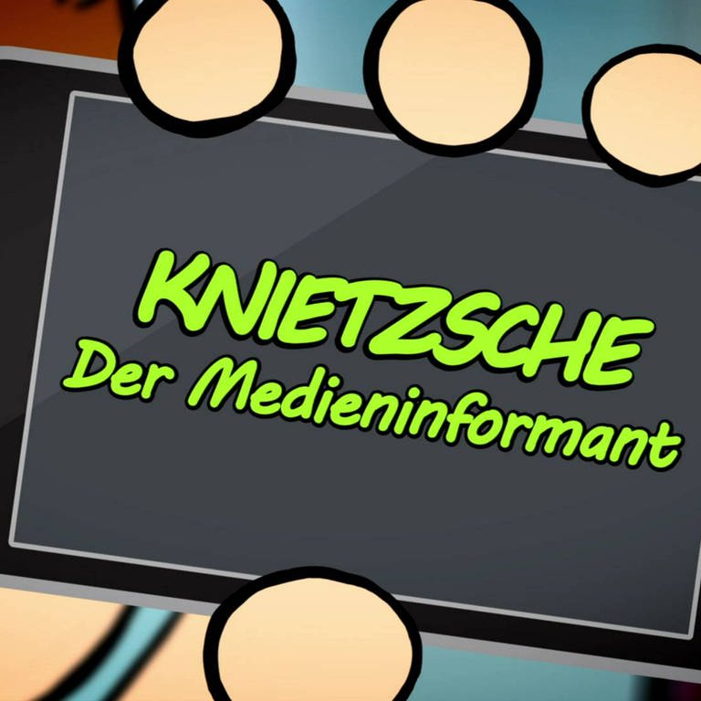Medienkompetenz: Philosoph Knietzsche zeigt sein Smartphone mit dem Text "Knietzsche. Der Medieninformant".